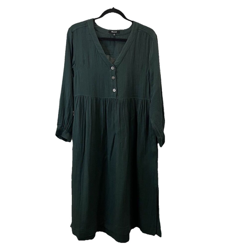 Madewell Dress Lightspun Button Front Women Size 0 Midi Tiered Boho Green Pocket